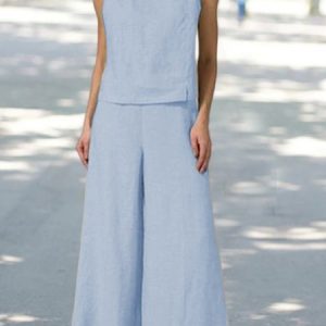 Loose Linen Plain Cotton And Linen Two-Piece Set, Suit Set, color:Light Blue|size:XXL, JustFashionNow