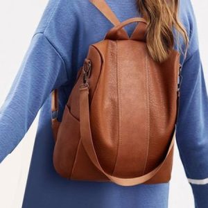 Vintage Soft Leather Zip Backpack Shoulder Bag Organizer, Women's Bags, color:Brown|size:One-size, JustFashionNow