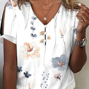 Casual Jersey V Neck Floral Shirt, Blouses, color:White|size:XXL, Noracora