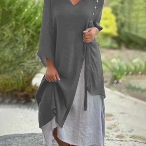 Women Plain Notched Three Quarter Sleeve Comfy Casual Buckle Maxi Dress, Maxi, color:Gray|size:3XL, Noracora