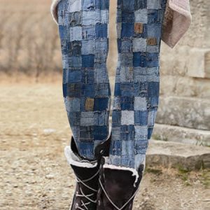 Casual Plain Natural Long Legging, Leggings, color:Denim Blue|size:XXL, Noracora