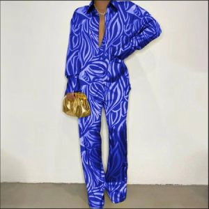 Women Geometric Shirt Collar Long Sleeve Comfy Street Top With Pants Two-Piece Set, Sets, color:Blue|size:XL, Noracora