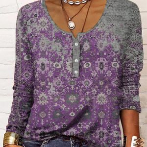 Women's  Red Geometric Printed Long Sleeve Home Casual Basic Scoop Neck Standard Relaxed Fit t-shirt, T-Shirts, color:Purple|size:XXL, JustFashionNow