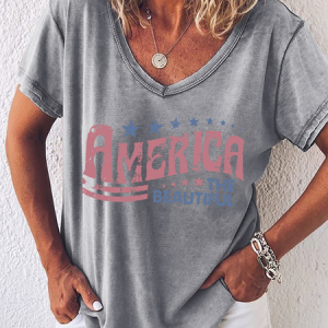 Women's Retro America The Beautiful 4th Of July Simple V Neck Loose T-Shirt, color:Gray|size:3XL, Lilicloth.com