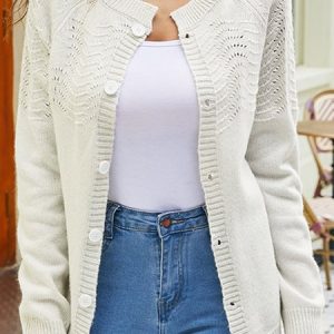 Women Nylon Chevron Long Sleeve Comfy Casual Cardigan, Cardigans, color:White|size:XL, Noracora