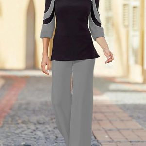 JFN Crew Neck Striped Business Casual Work Outfit Elegant Two-Piece Set Top with Pants, Suit Set, color:Gray|size:XXL, JustFashionNow