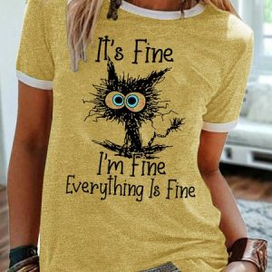 It's Fine I'm fine Everything Is Fine Funny Short Sleeve T-shirt, color:Yellow|size:3XL, Lilicloth.com