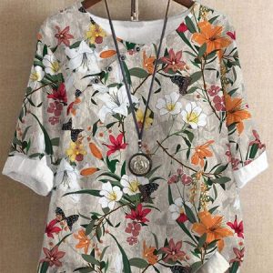 Crew Neck Three Quarter Sleeve Floral Pattern Buttoned Lightweight Loose Blouse For Women, Blouses, color:Multicolor|size:XXL, catalog Noracora shop