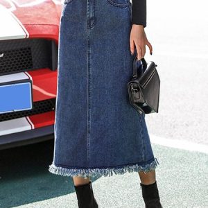 Tassel Plain Buckle Pockets Casual Denim Skirt, Denim Skirts, color:Blue|size:5XL, Noracora