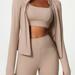 Wrap Long Sleeve Plain Zipper Regular Micro-Elasticity Tight Jacket For Women, Jackets, color:Apricot|size:XL, Noracora