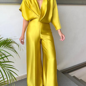 Regular Fit Plain Urban V neck Three Quarter Jumpsuit, Jumpsuits, color:Yellow|size:XXL, Stylewe