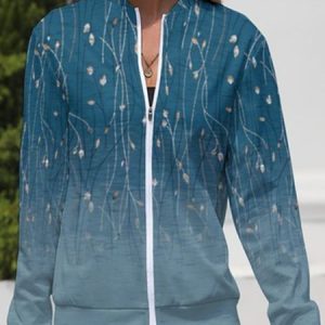 Long Sleeve Floral Zipper Regular Micro-Elasticity Loose Jacket For Women, Jackets, color:Blue|size:XL, Noracora