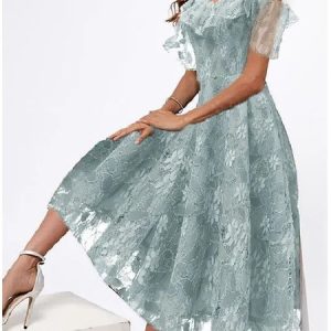 V Neck Lace Elegant Dress, Formal Dresses, color:Lightgreen|size:XXL, JustFashionNow