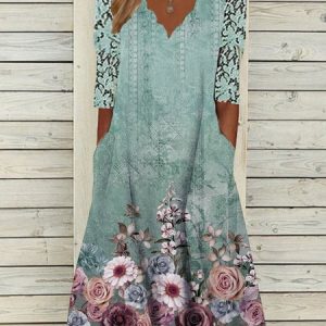 Casual Green Floral V Neck Half Sleeve Loose Dress, Midi, color:Green|size:XXL, Noracora