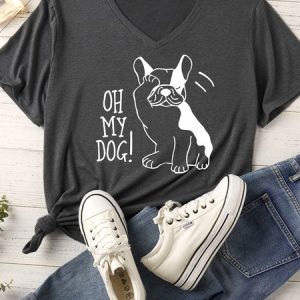 Women's Oh My Dog Matching V Neck T-Shirt, color:Gray|size:XXL, Lilicloth.com