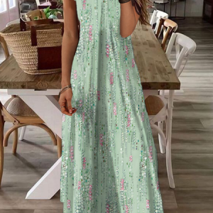 Square Neck Casual Abstract Printed Dress, Maxi, color:Green|size:XXL, Noracora