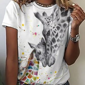 Giraffe Animal Deer Loosen Vintage Tie Dye Short Sleeve T-Shirt, color:White|size:3XL, Lilicloth.com
