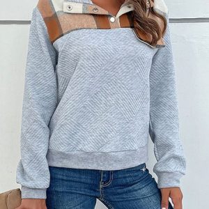 Casual Polo Collar Plaid Sweatshirt Buckle, Hoodies & Sweatshirts, color:Light Gray|size:XL, Noracora
