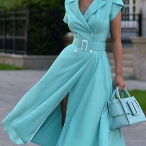 Elegant Regular Fit Short sleeve No Elasticity Dress, Midi Dresses, color:Light Blue|size:XS, Stylewe