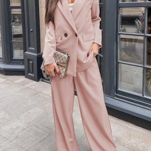 Women Plain Lapel Collar Long Sleeve Comfy Simple Pocket Stitching Coat With Pants Two-Piece Set, Sets, color:Apricot|size:XL, Noracora