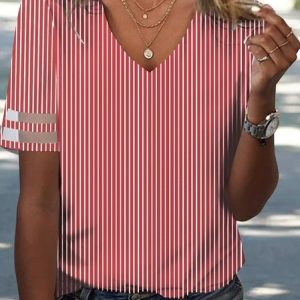 Striped Loose V Neck Casual Shirt, Blouses, color:Red|size:XXL, Noracora