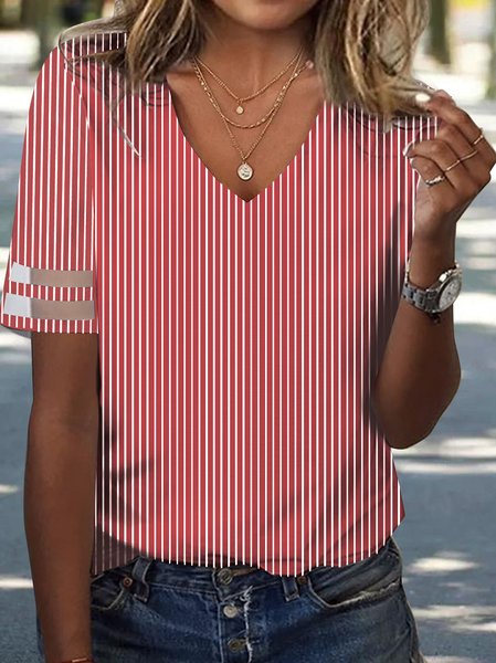 Striped Loose V Neck Casual Shirt, Shirts & Blouses, color:Red|size:XXL, JustFashionNow