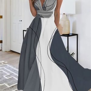 Elegant Abstract Stripes V Neck Dress With No, Formal Dresses, color:Black-white|size:XXL, JustFashionNow