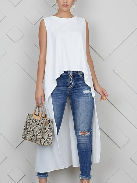 Plain Crew Neck Casual Loose Shirt, Blouses and Shirts, color:White|size:XS, Stylewe