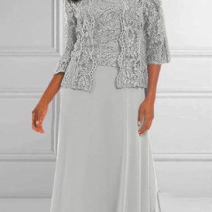 Loose Lace Crew Neck Elegant Two-Piece Set, Suit Set, color:Gray|size:XXL, JustFashionNow