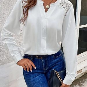 Plain Loose Shirt Collar Blouse, Shirts & Blouses, color:White|size:XXL, JustFashionNow