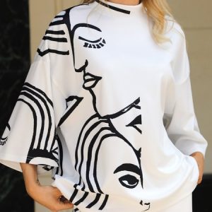 Urban Loose Three Quarter Abstract  Print Top, Blouses and Shirts, color:White|size:XS, Stylewe