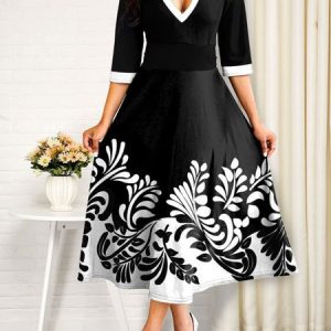 V Neck Branches Casual Dress, Dresses, color:Black|size:XXL, JustFashionNow