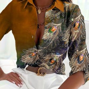 Shirt Collar Long Sleeve Ombre Regular Micro-Elasticity Loose Blouse For Women, Blouses, color:Brown|size:XXL, Noracora