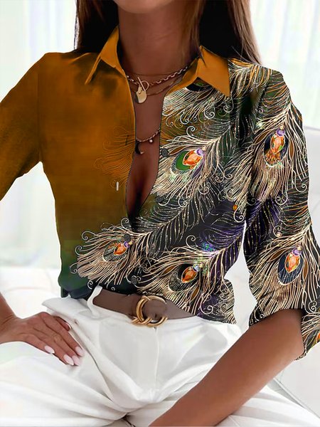 Casual Shirt Collar Feather Pattern Blouse, Shirts & Blouses, color:Brown|size:XXL, JustFashionNow