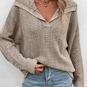 Women Nylon Plain Long Sleeve Comfy Casual Sweater, Sweaters, color:Khaki|size:L, Noracora