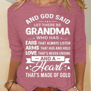 Women’s God Said Let There Be Grandma Who Has Ears That Always Listen Casual Cotton-Blend Crew Neck Top, color:Pink|size:3XL, Lilicloth.com
