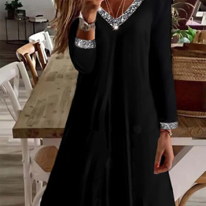 Plain Jersey Casual V Neck Dress, Dresses, color:Black|size:XXL, JustFashionNow
