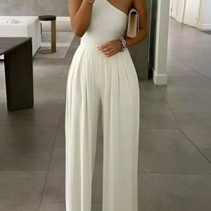 Plain Sleeveless One Shoulder Urban Regular Fit Jumpsuit, Jumpsuits, color:White|size:XXL, Stylewe