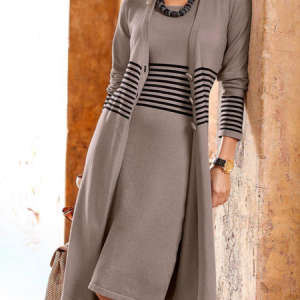 Plain Crew Neck Regular Fit Two-Piece Set, Basic Dresses, color:Coffee|size:XXL, JustFashionNow
