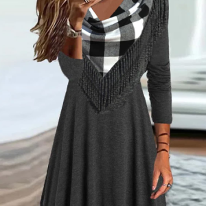 Plaid Crew Neck Regular Fit Casual Dress, Dresses, color:Gray|size:XXL, JustFashionNow