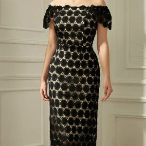 Square Neck Short sleeve Polka Dots Elegant Regular Fit Midi Dress, Dresses, color:Black|size:XXL, Stylewe