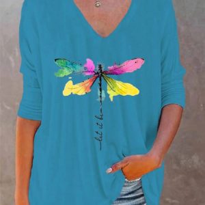 Women's Tunic Top T shirt Tee Dragonfly Graphic Prints Print Long Sleeve V Neck Casual Daily Polyester Fall, T-shirts, color:Blue|size:XXL, Noracora