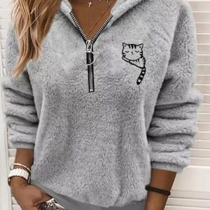 Cat Warmth Fluff/Granular Fleece Fabric Casual Loose Sweatshirt, Sweatshirts & Hoodies, color:Gray|size:XXL, JustFashionNow