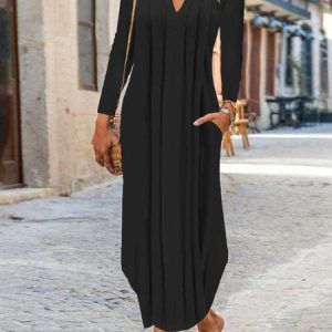 Women Plain Notched Long Sleeve Comfy Casual Ruched Maxi Dress, Maxi, color:Black|size:XXL, Noracora
