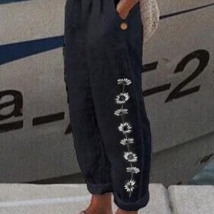 Women's Loose Casual Baggy Linen & Cotton Daisy Floral Pant, Pants, color:Black|size:XXL, JustFashionNow