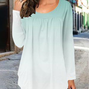 Casual Ombre Crew Neck Long Sleeve T-shirt, T-shirts, color:Green|size:XXL, Noracora