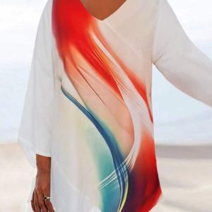 Abstract V Neck Vacation Loose Shirt, Shirts & Blouses, color:Multicolor|size:XXL, JustFashionNow