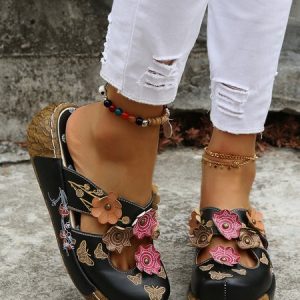 Vintage Floral Mules Clog Shoes, color:Black|size:43, Lilicloth.com