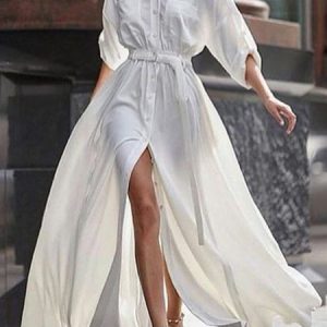 Urban Shirt Collar Loose Dress With No Belt, Maxi Dresses, color:White|size:XXL, Stylewe