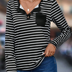 Casual Buckle Striped T-Shirt, T-Shirts, color:Black|size:XXL, JustFashionNow